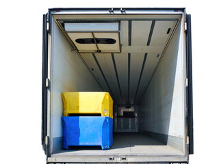 Freezer truck on white background. Empty body, only two empty containers. Isolated photo.