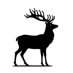 Deer Silhouette Icon – Black Vector Animal with Prominent Antlers Standing in Profile on White Background
