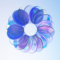 Circle made of glass disc shapes with colourful reflections. 3d rendering.
