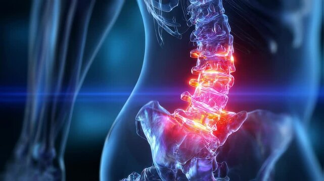 Medical animation depicting lower back pain within transparent female anatomy, visualizing affected vertebrae and intervertebral discs with detailed medical precision
