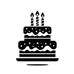Birthday Cake Icon – Silhouette of Celebration Dessert with Candles and Balloons on White Background