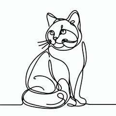 Continuous Line Cat Drawing – Minimalist Vector Silhouette of Sitting Kitty with Curled Tail on White Background