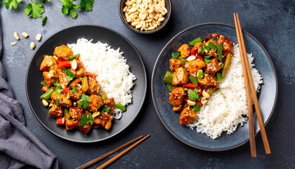 Kung Pao Chicken With Peanuts And Rice On A Two Plates, Traditional Chinese Cuisine. 