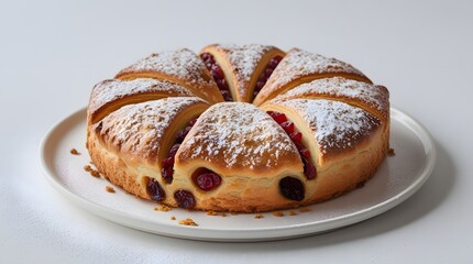 Fototapeta premium Delicious cranberry filled pastry ring sprinkled with powdered sugar served on a white plate against a clean white background