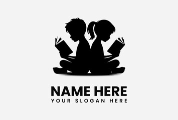 Silhouette of two children reading books back-to-back, logo design.