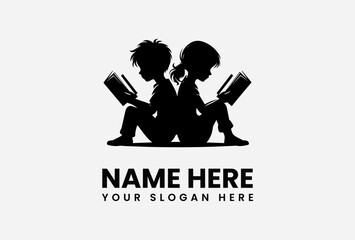 Silhouette of two children sitting back-to-back, engrossed in reading books.