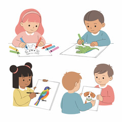Cute Cartoon Children Drawing Animals Illustration in a Classroom Setting