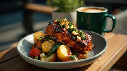Delicious grilled dish with roasted vegetables and coffee served on a wooden table at a cozy cafe during a sunny afternoon