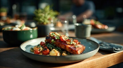 Freshly grilled salmon served with roasted vegetables at a sunny outdoor dining setting