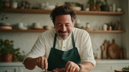 Chef skillfully prepares dish in cozy kitchen, showcasing culinary talent and passion for food