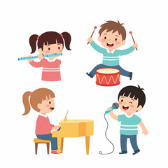Cute Handdrawn Illustration of Happy Children Playing Musical Instruments