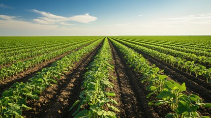 Lush green rows of young crops thriving in an expansive farmland under a clear blue sky