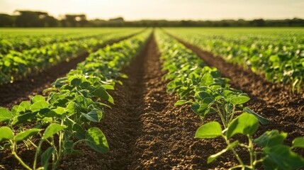Green crops growing steadily in rows under warm sunlight on a clear day in a rural field