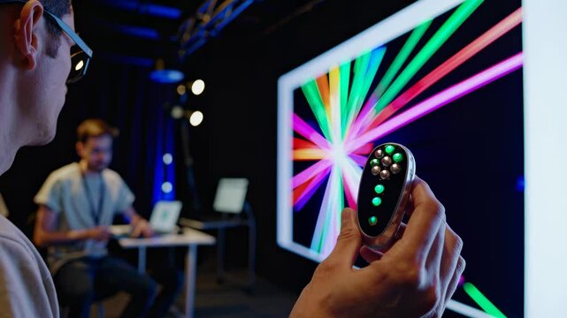 Individual holds multi-color remote in front of digital rainbow display reflecting control innovation personalization future experience technology inspiration