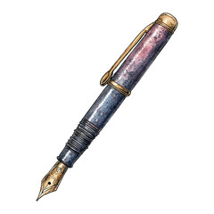 Watercolor illustration of an antique fountain pen writing instrument on transparent background