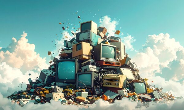 E-waste recycling circuit gadgets recovery concept. Piled old computers against a bright blue sky with clouds.