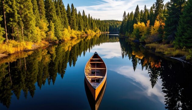 Serene canoe on a calm river surrounded by vibrant autumn foliage and reflective waters
