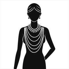 ( Multi-strand necklace)Woman Vector Silhouette with Luxurious Pearl Necklace Set/A stylish black and white silhouette of a woman adorned with multiple pearl necklaces and earrings.