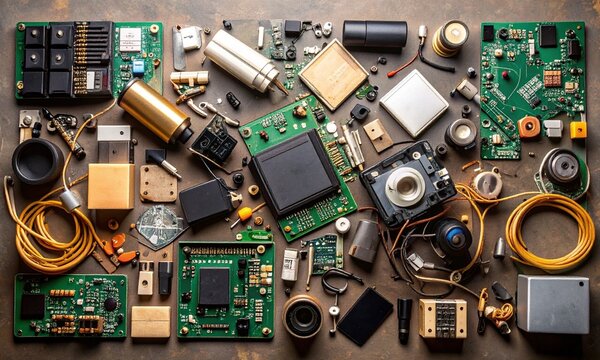 E-waste recycling circuit gadgets recovery concept. Scattered electronic components on a textured surface.