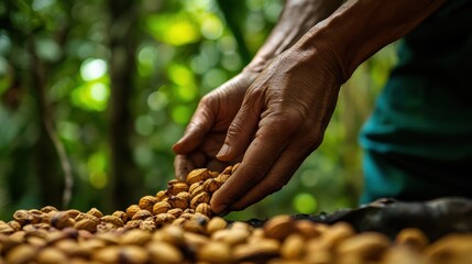 Hands skillfully sorting cacao beans in a lush tropical setting during the harvest season