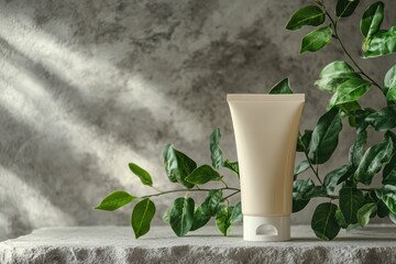 Sleek skincare tube surrounded by lush green leaves on a textured stone surface in natural light