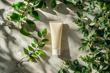 Natural skincare product displayed amidst green leaves on a textured background in soft lighting