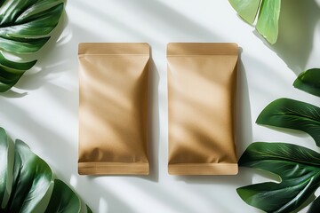 Two brown packages placed on a light surface surrounded by green leaves creating a peaceful setting