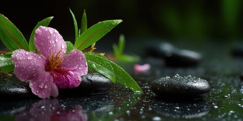 Vibrant pink flower with water droplets resting on smooth black stones in a serene natural setting