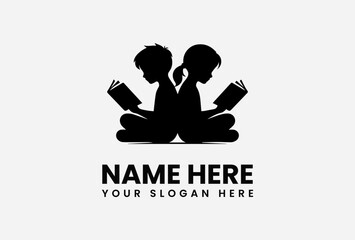 Silhouette logo featuring two children reading books, back-to-back, with text below.