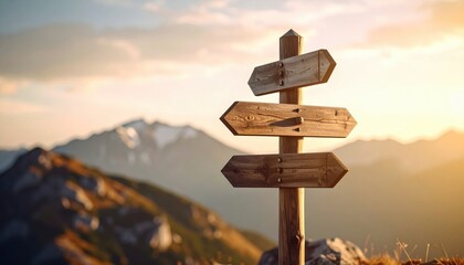 Wooden signpost with multiple directions against a stunning mountain landscape at sunset