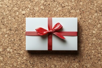 Gift box wrapped in white paper with a red ribbon on a cork surface for special occasions