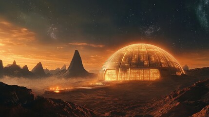 Obraz premium Futuristic Dome Structure in Alien Landscape at Sunset Horizon