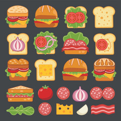 Variety of sandwich and burger ingredients illustration