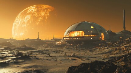 Obraz premium Futuristic Space Colony on an Alien Planet Under Rising Orange Moon