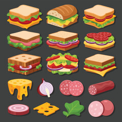 Variety of delicious sandwiches and ingredients