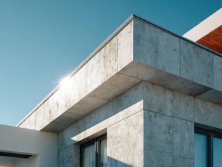 Modern architectural design showcases sleek concrete structure under clear blue sky in bright sunlight