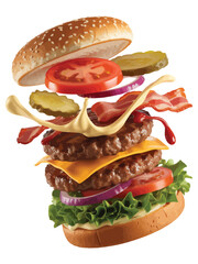 Delicious double cheeseburger with bacon in mid air