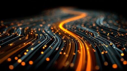 Flowing lines of light create a mesmerizing pattern in a digital landscape at night