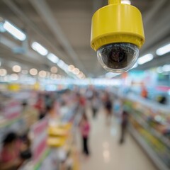 Surveillance camera monitors busy supermarket aisles filled with shoppers and colorful merchandise during daytime activities