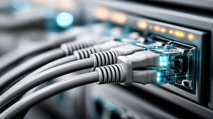 Tightly bundled network cables plugged into server rack - Powered by Adobe
