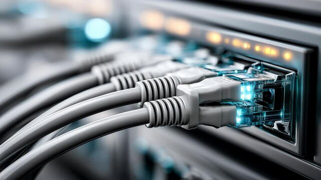 Tightly bundled network cables plugged into server rack