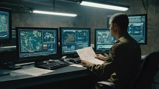 Man Working with Multiple Computers in Dark Control Room