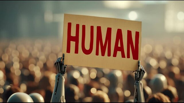 Protest sign displays the word human amidst a large crowd advocating for human rights and dignity during a recent demonstration