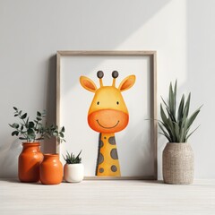 Colorful giraffe art displayed in a bright, modern room with plants and decorative pots