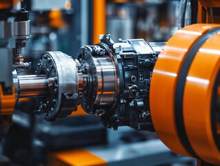 Fototapeta premium Industrial robot motorized joint closeup manufacturing facility high-resolution image technology environment detailed view