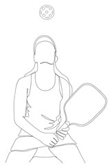 Woman in sports dress and cap stands in dynamic pose and plays pickleball. Continuous line. Ideal for sport, pickleball, active lifestyle, and modern graphic design themes.