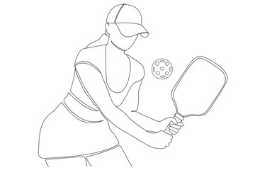 Sportswoman in action pose, holding racket with both hands and preparing to hit ball to opponent. Hand drawn minimal vector illustration in black and white. Isolated on white background