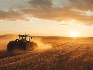 Fototapeta premium Farmer driving tractor through wheat field at sunset agriculture scene rural landscape dusty environment dynamic view