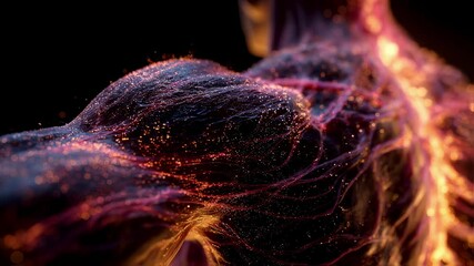 Glowing muscle fibers revealing intricate muscle structure and potential neuromuscular disorder through scientific medical animation on dark background