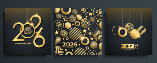 2026 Happy New Year greeting cards. Set of 2026 New Year holiday greetings with hand lettering and golden Christmas balls. Black and gold colors. Vector illustration.